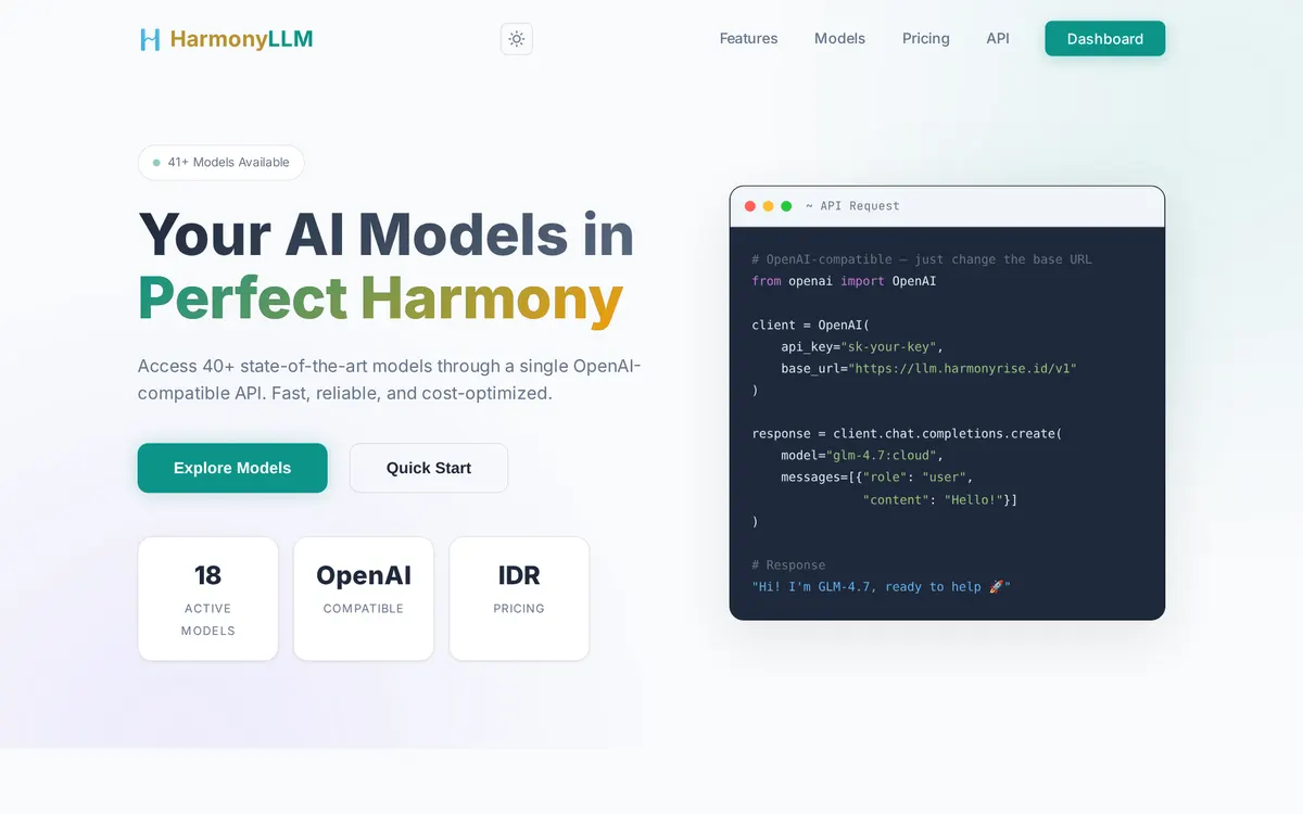 HarmonyLLM — unified AI gateway dengan 40+ model lewat satu API